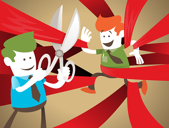 A cartoon person, cutting a cartoon person out of red tape